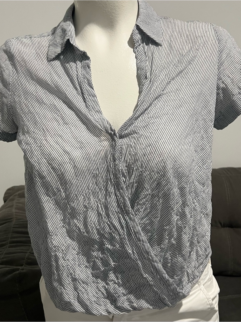 Universal Thread Navy & White Pinstripe Wrap-Front Short Sleeve Top